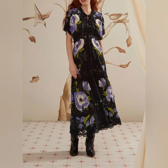 FARM RIO Soft Garden Black Lace Maxi Dress XS - Picture 3 of 7